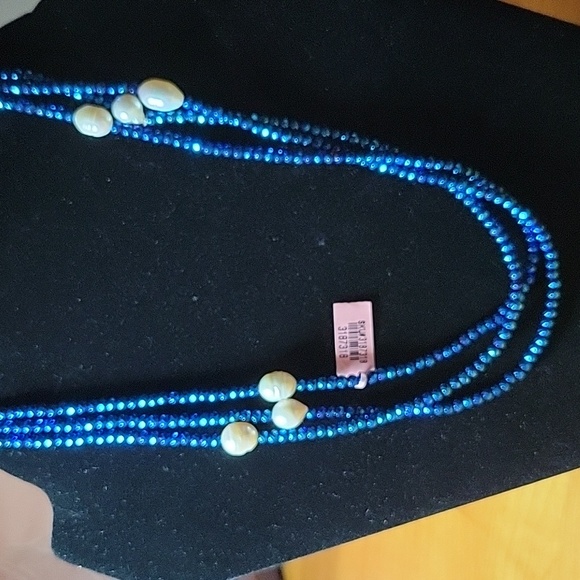 Blue plated Hematite, Freshwater White Pearl beads Necklace NWT - Picture 2 of 3